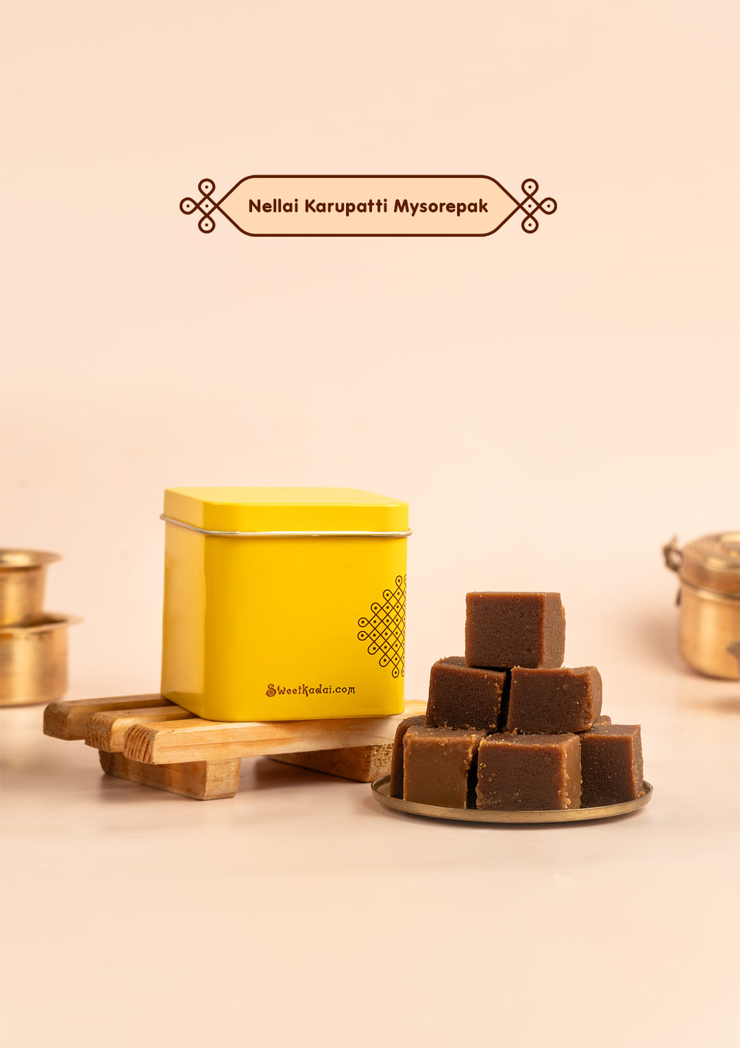 Nellai Karupatti Mysorepak with a yellow tin 